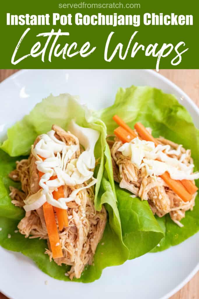 a plate of lettuce wraps with shredded chicken topped with carrots and cabbage with Pinterest pin text.