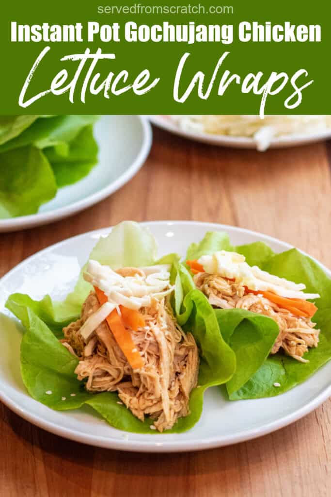 a plate of lettuce wraps with shredded chicken topped with carrots and cabbage with Pinterest pin text.