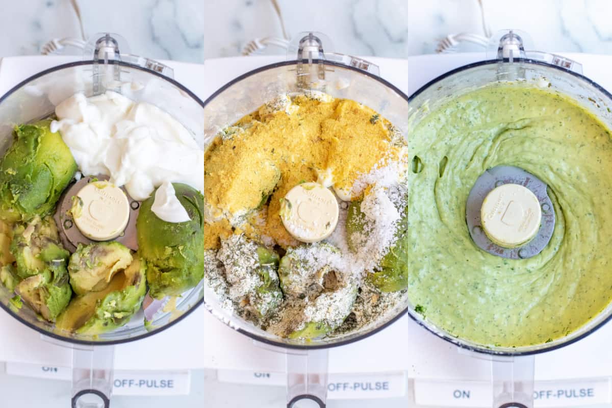 3 pictures of food processors one with yogurt and avocado, another with them topped with spices, and then it all blended to be creamy. 