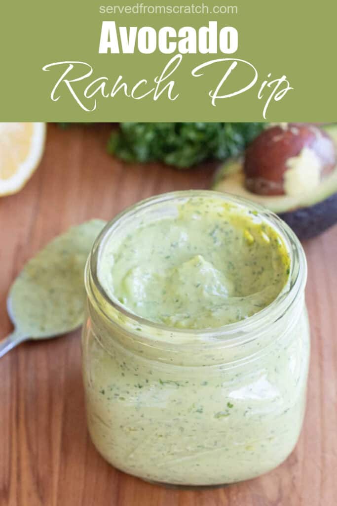 a jar of avocado ranch dip with Pinterest pin text.