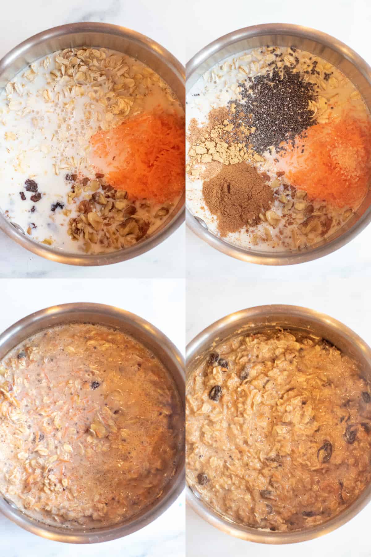 a picture of 4 pots with milk and carrots and oats, then with spices, it cooking, and it all cooked.