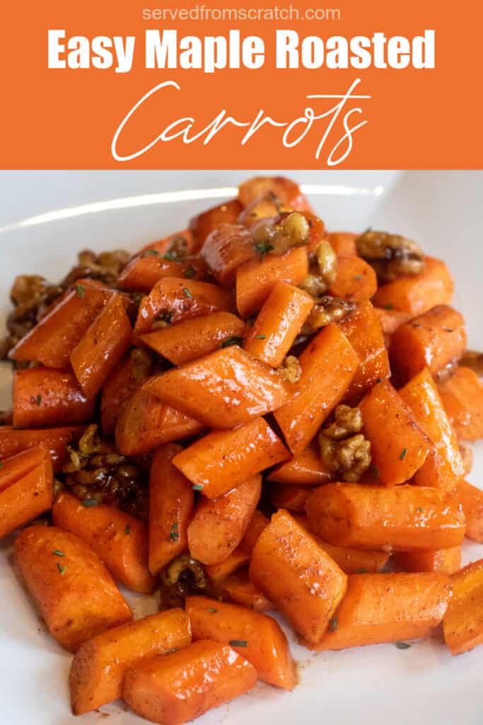 a plate of glazed carrots with walnuts with Pinterest pin text.