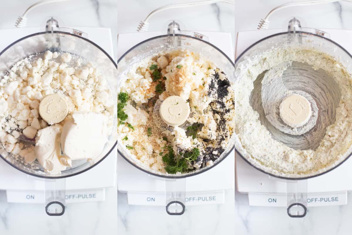 3 pictures of food processors, one with feta and cream cheese, next with spices on top, and 3rd all mixed together.