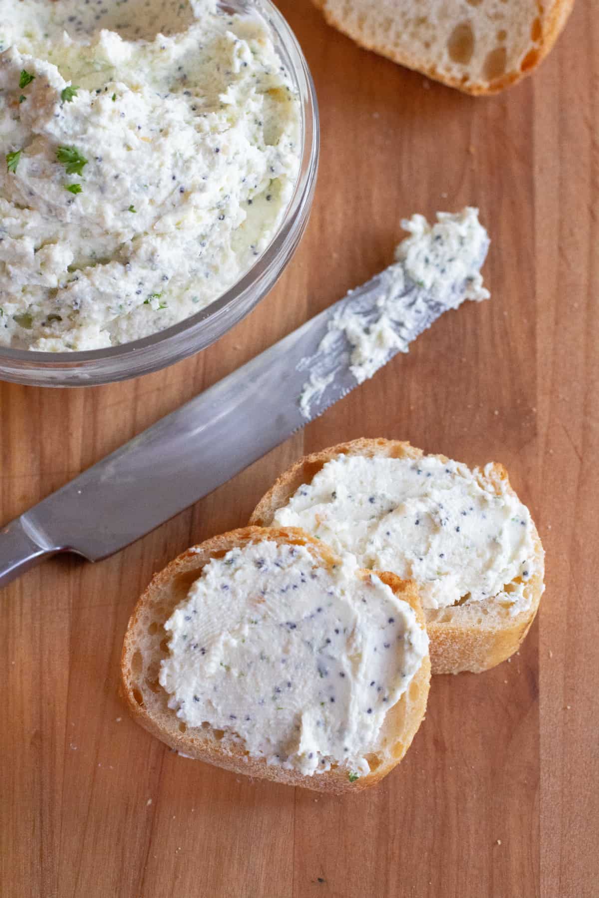 two baguette slices with whipped feta.
