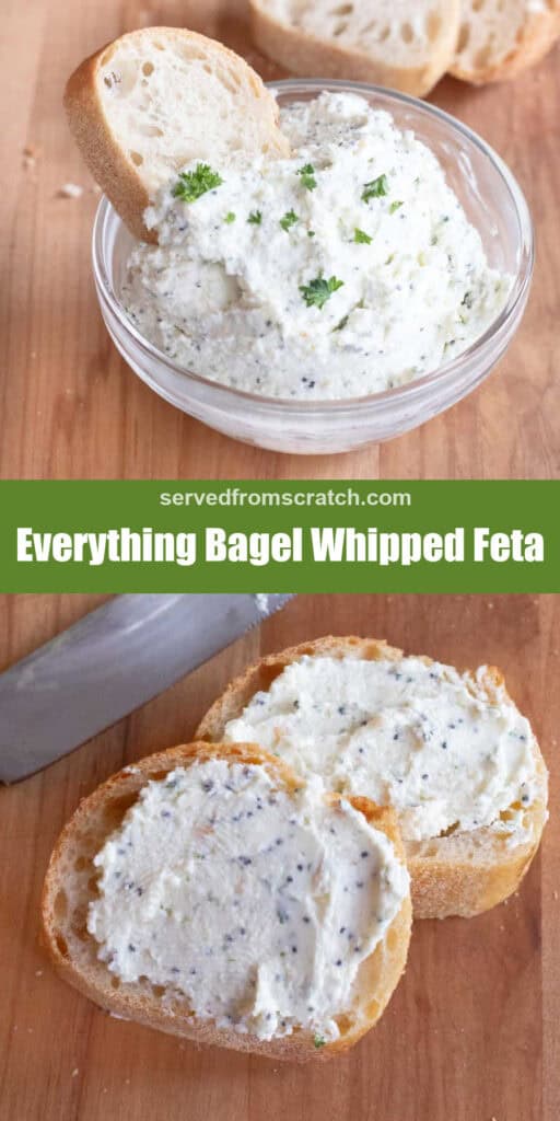 a bowl of whipped feta with a slice of baguette and Pinterest pin text and then two slices with spreads of whipped feta.