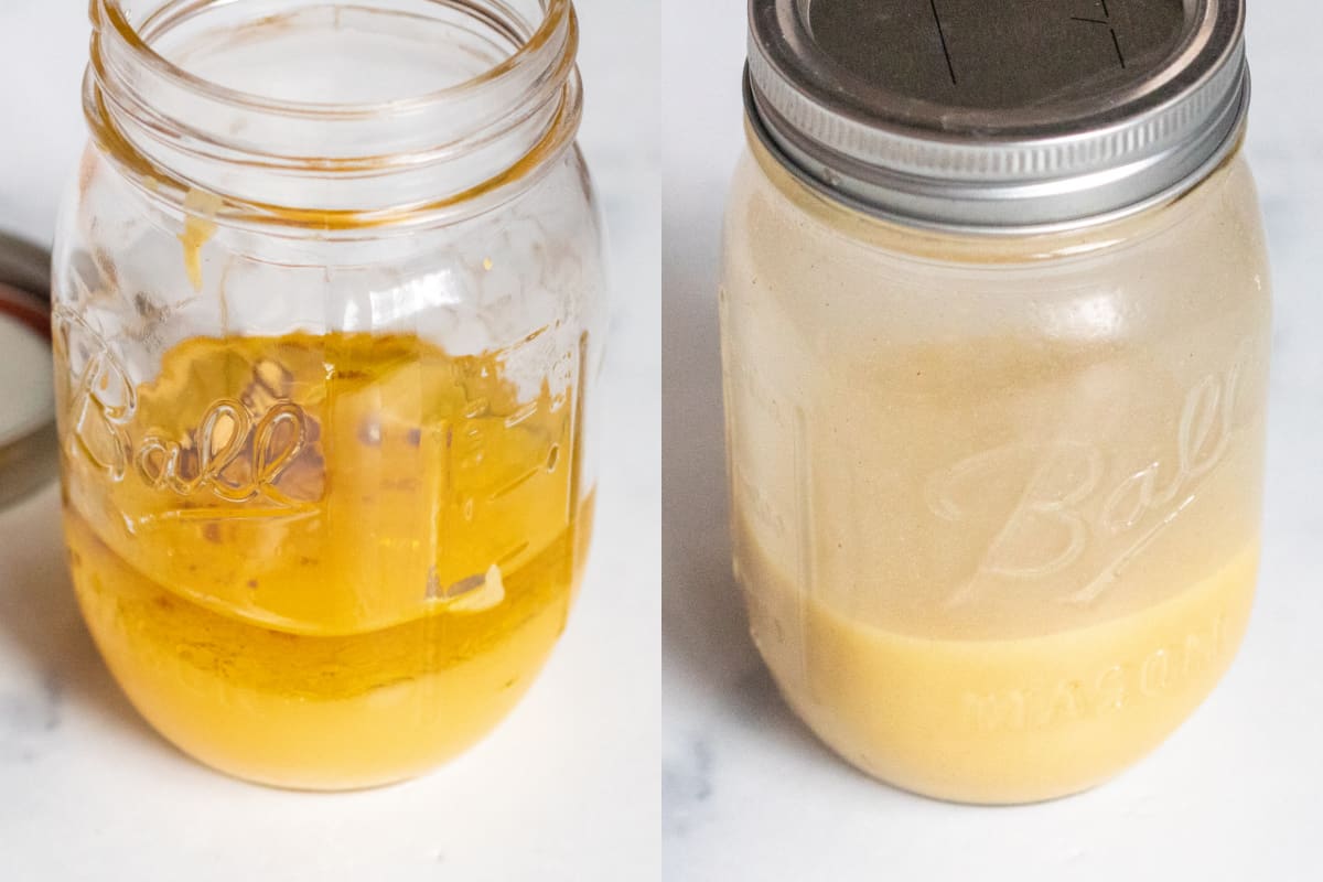 two mason jars, one with oil and juice and one with it all mixed up.