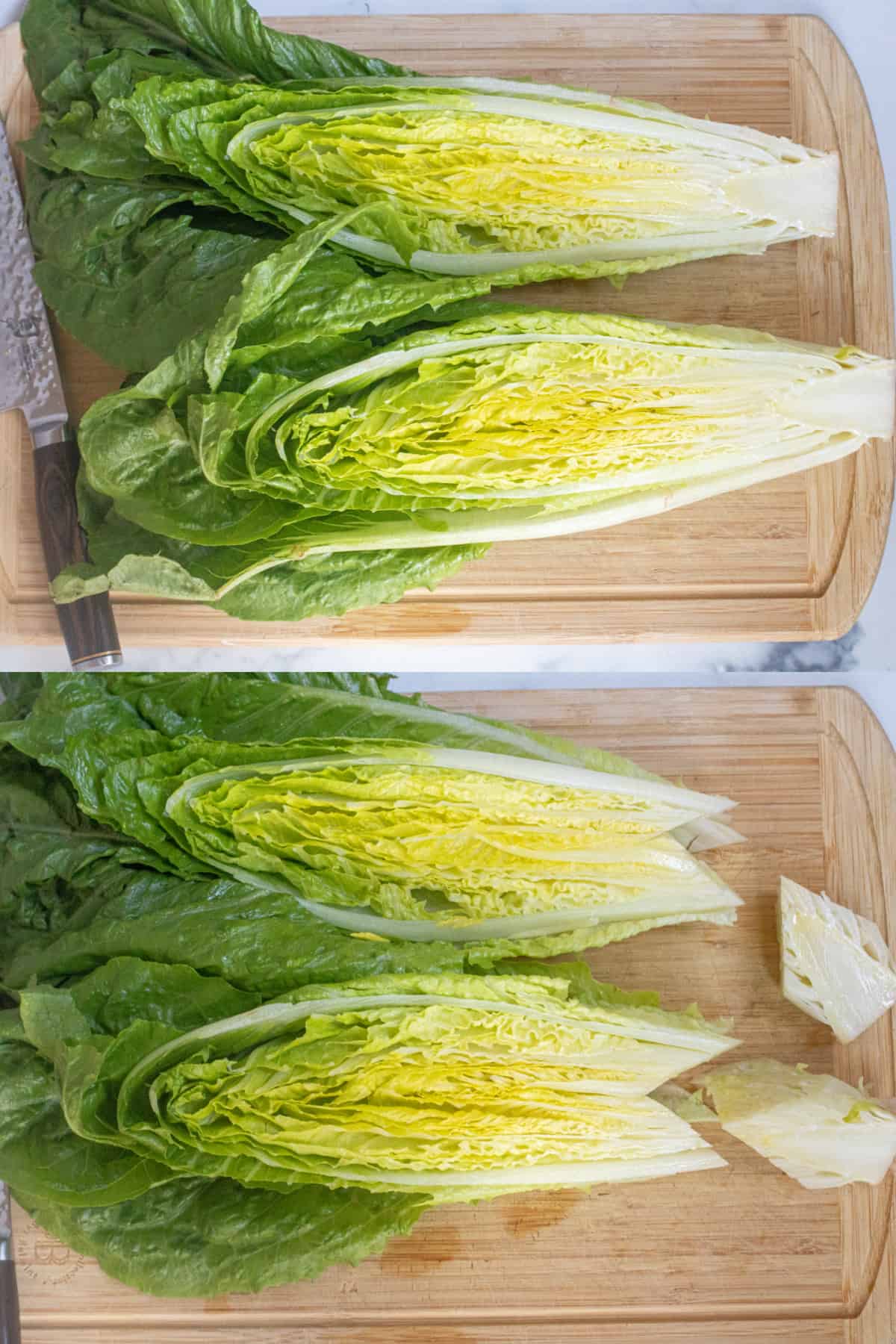 two pictures of romaine lettuce on a cutting board, one with it cut in half, and the other with core cut out.