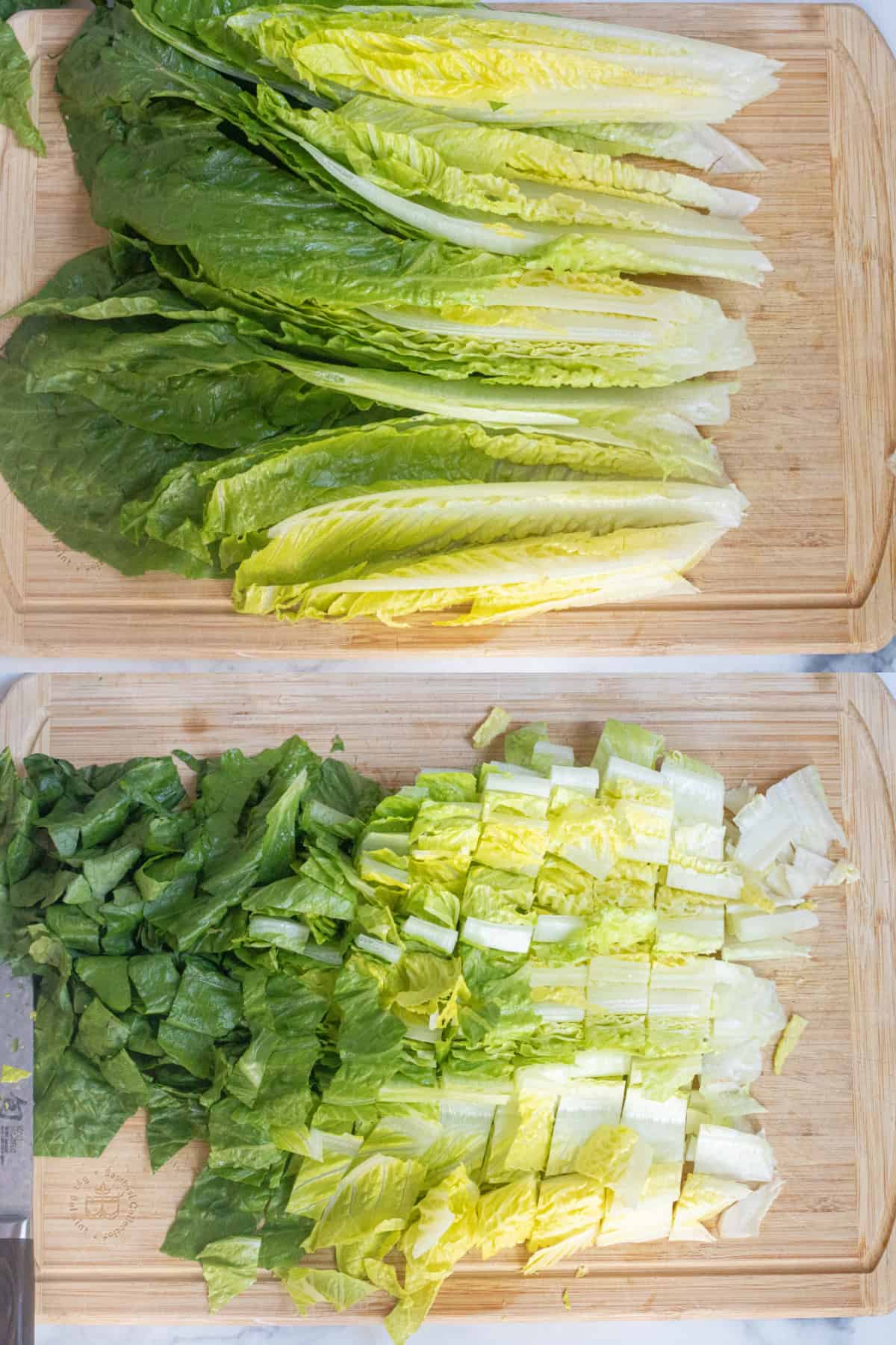 two pictures of romaine lettuce, one with it quartered and then the next with it chopped.