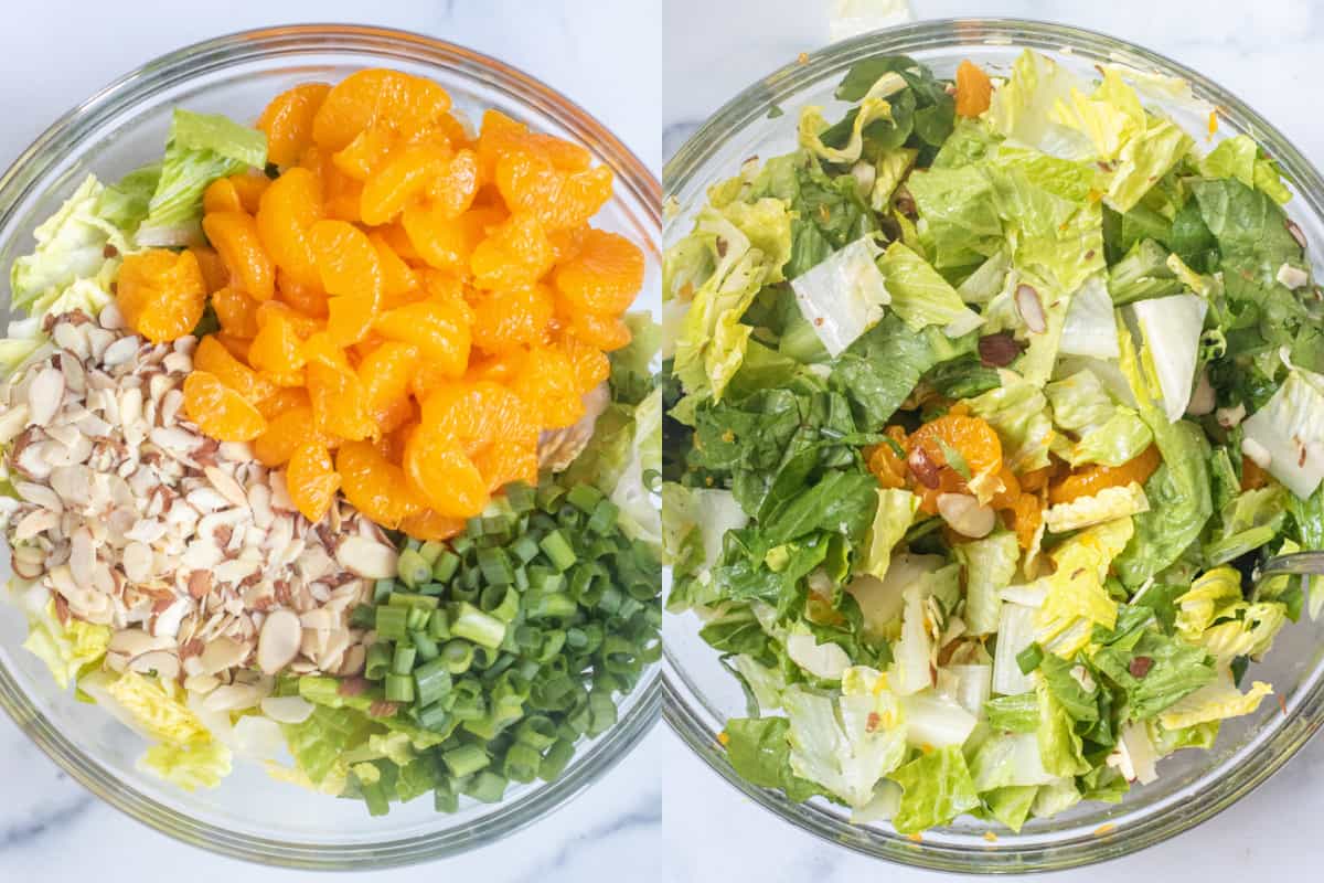 two large bowls, one with mandarins, almonds, onions, and lettuce and another bowl of it all mixed.