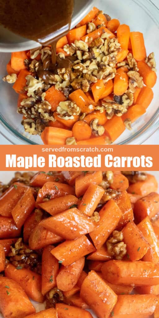 a bowl of carrots and walnuts with maple syrup mixture being poured on top, Pinterest pin text, and a plate of roasted carrots and walnuts and thyme.
