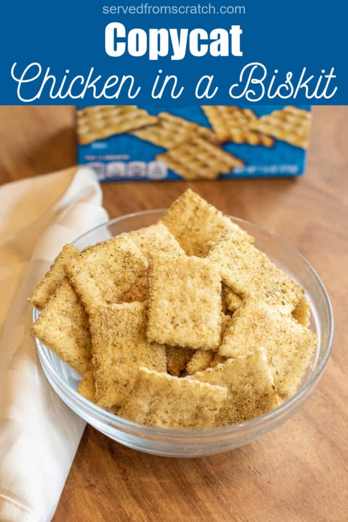 a bowl of crackers in front of a blue box with Pinterest pin text.