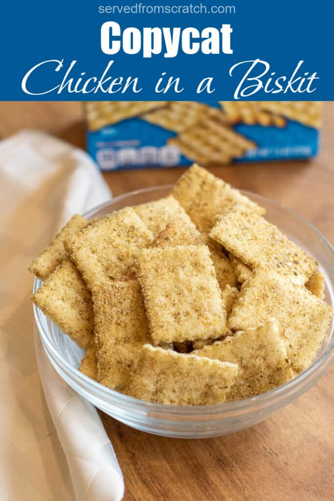 a bowl of crackers in front of a blue box with Pinterest pin text.