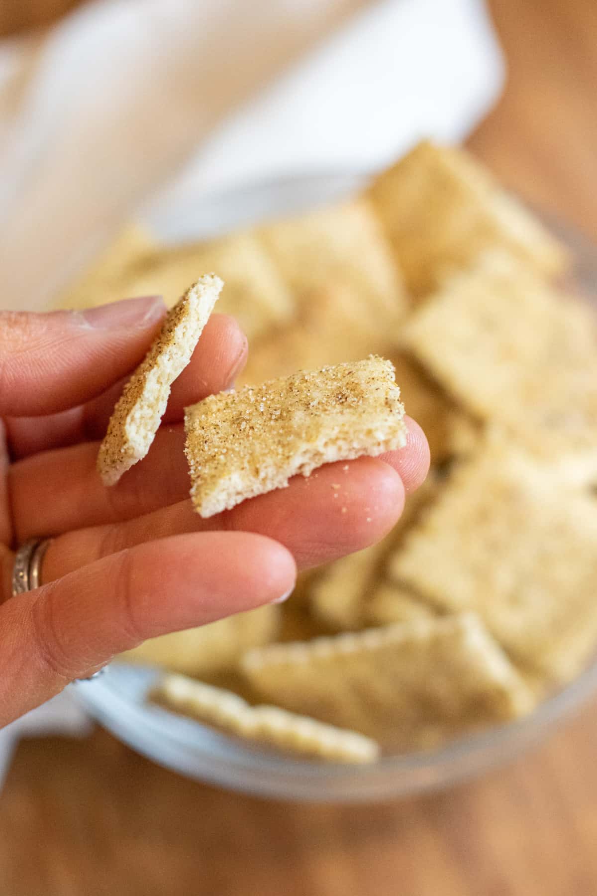 a hand holding a cracker split in half. 