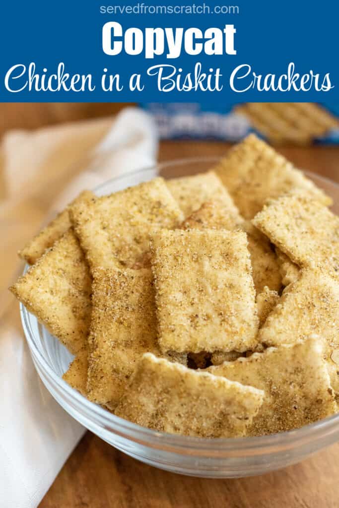 a bowl of crackers in front of a blue box with Pinterest pin text.