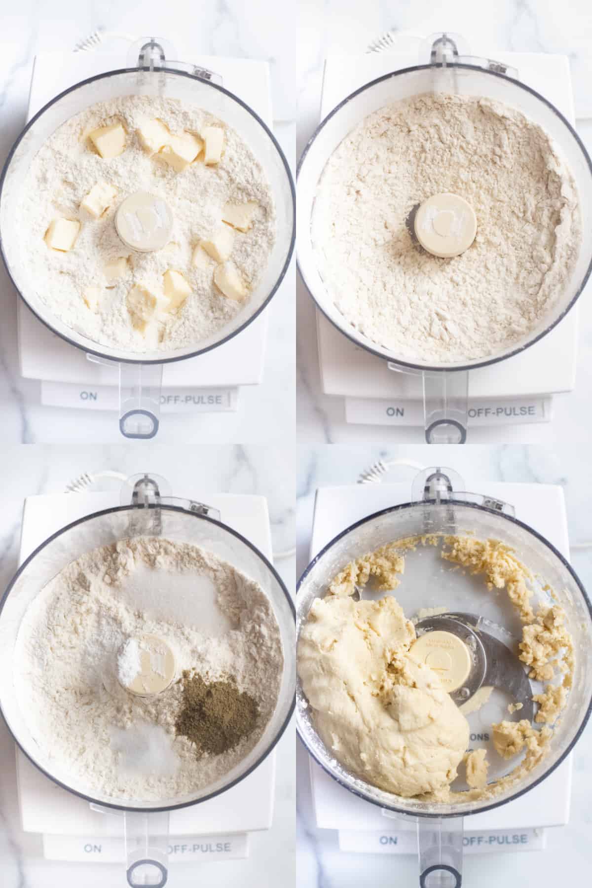 4 pictures of food processor bowl, one with flour and cubed butter, it all blended, spices added, and then a formed ball of dough. 