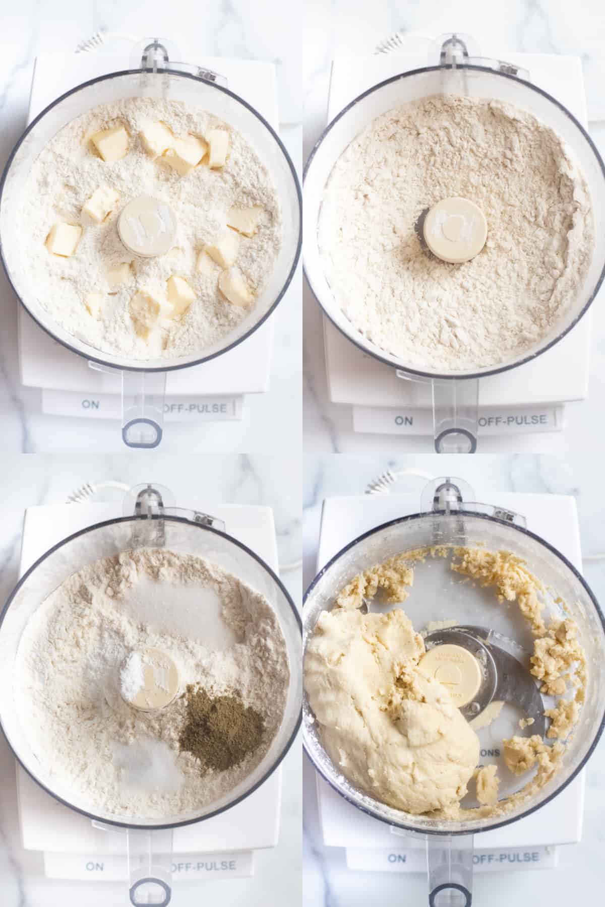 4 pictures of food processor bowl, one with flour and cubed butter, it all blended, spices added, and then a formed ball of dough.