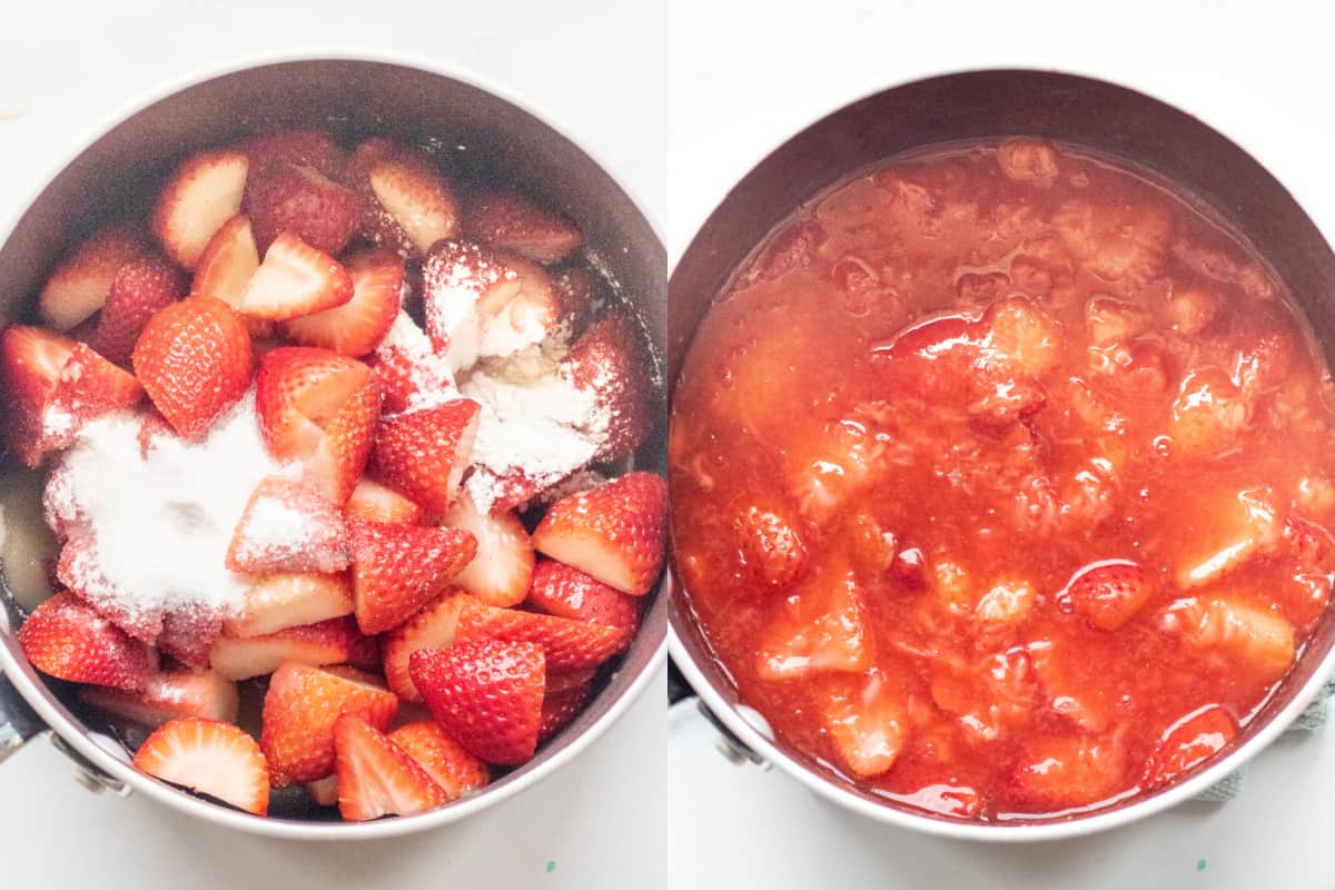 two pictures, on of a pot with strawberries cut up and sugar and cornstarch on top and the other with it all cooked down.