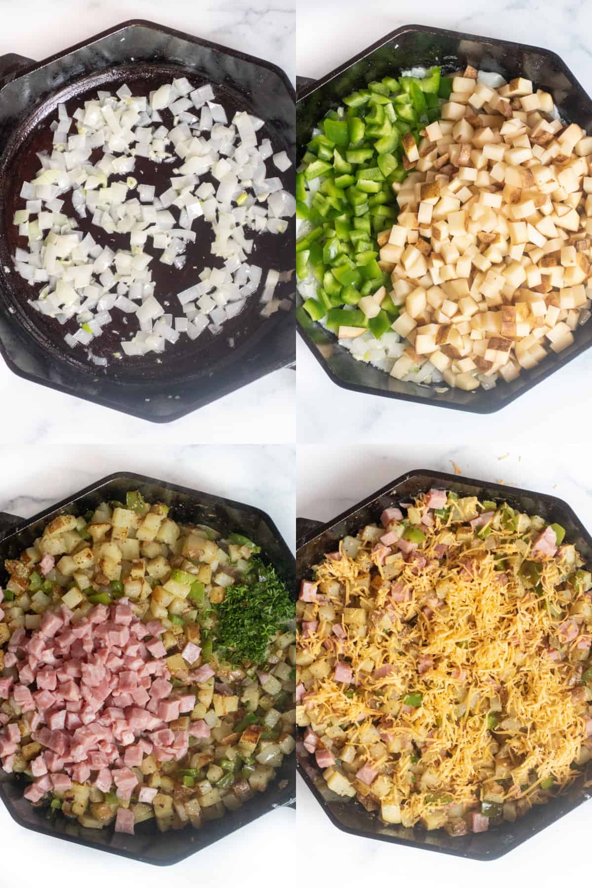 4 pictures of cast irons one with sauteed onions, with diced potatoes and peppers, with ham and then all cooked and topped with cheese.