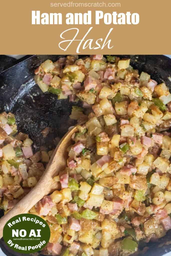 an overhead of a cast iron with a wooden spoon with Pinterest pin text with NO AI sticker.
