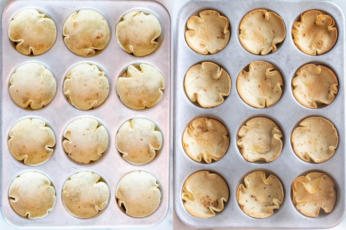 two pictures of a cupcake tin with some cut out flour tortillas and then baked. 