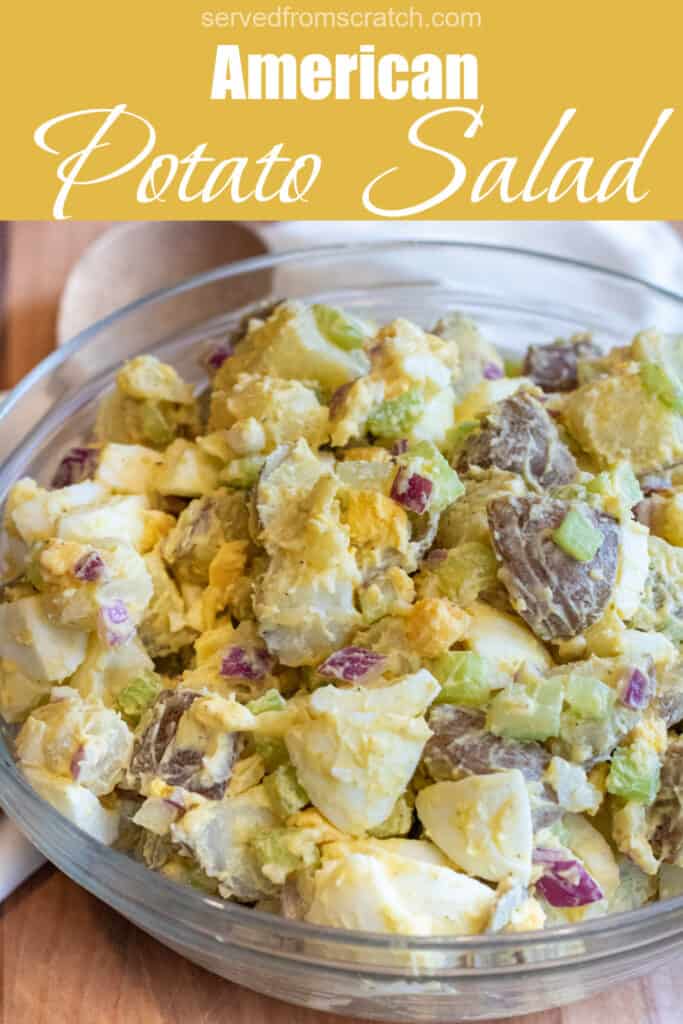 a large bowl of creamy potato salad with eggs with Pinterest pin text.