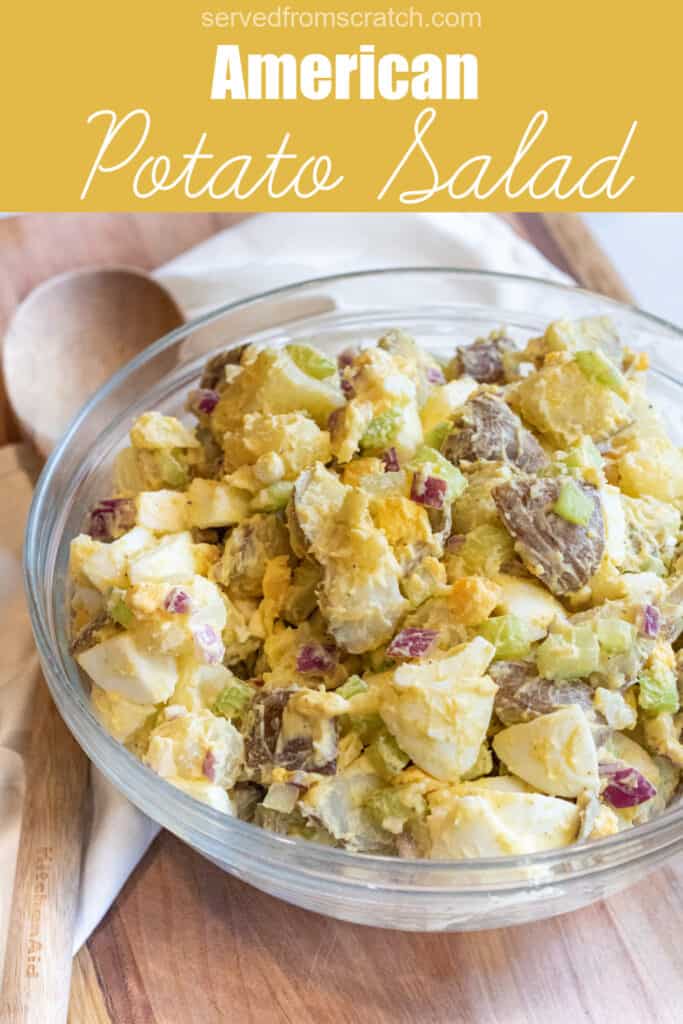 a large bowl of creamy potato salad with eggs with Pinterest pin text.