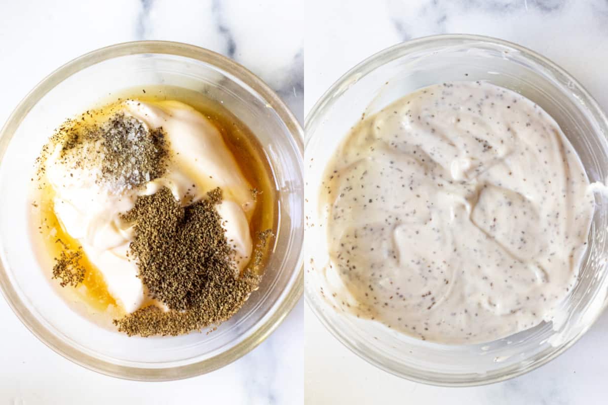 two bowls one with mayo and spice and vinegar and one with it all mixed.