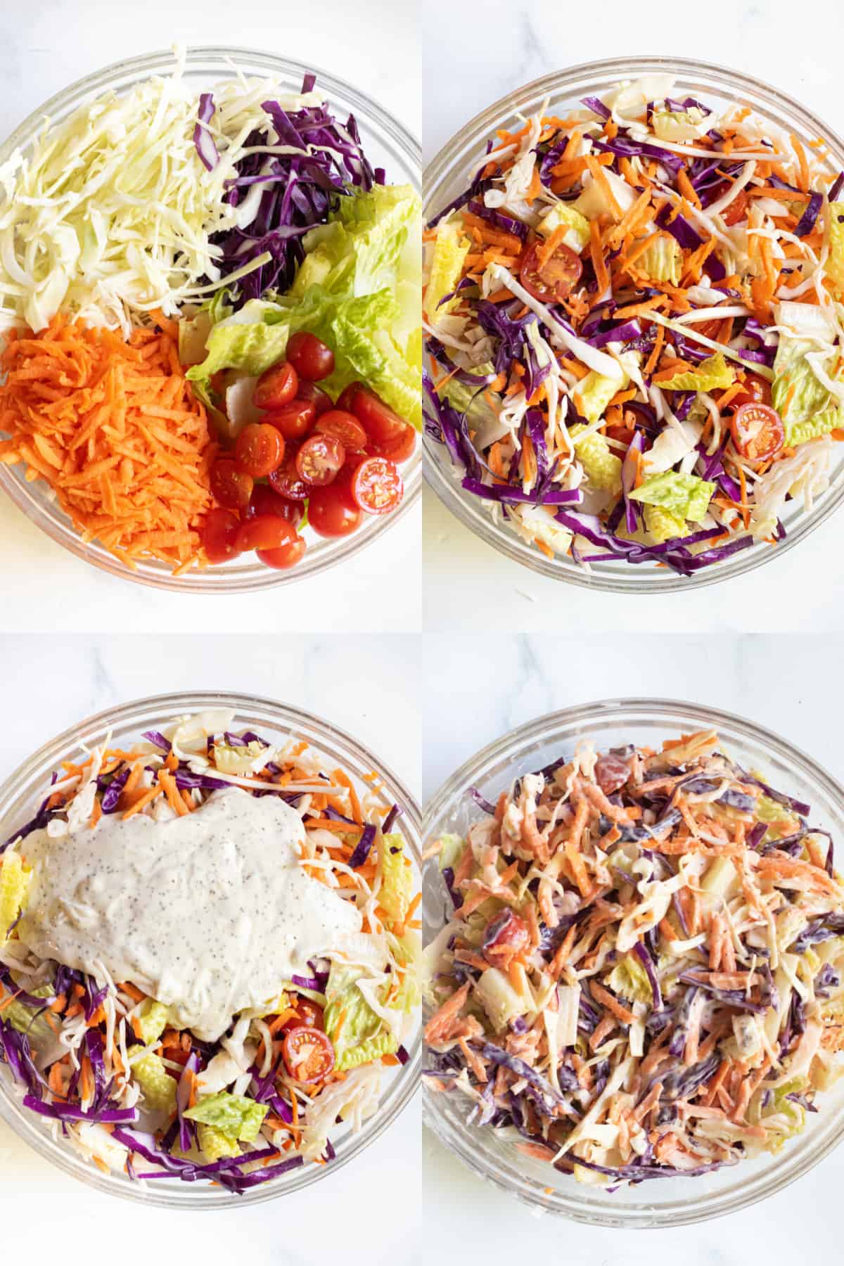 four bowls, one with cabbage, carrots, tomatoes, and it all mixed, then with mayo on top, and then it all mixed.