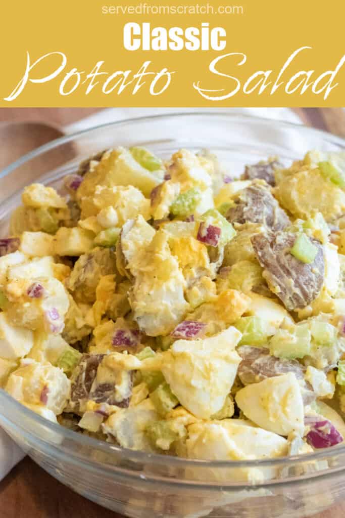 a large bowl of creamy potato salad with eggs with Pinterest pin text.