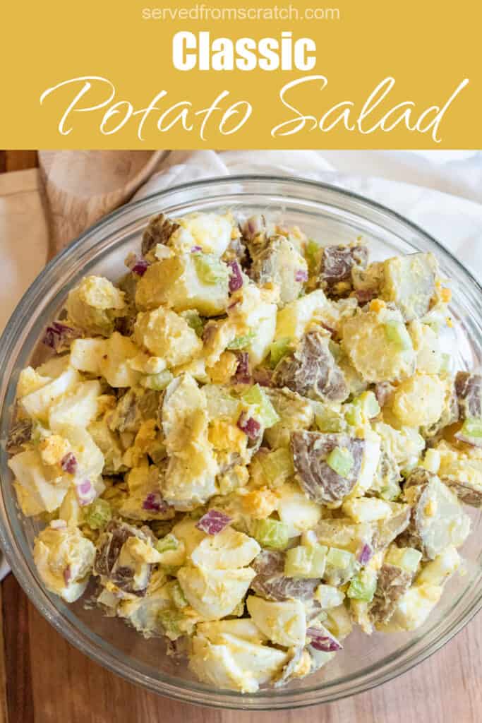 a large bowl of creamy potato salad with eggs with Pinterest pin text.