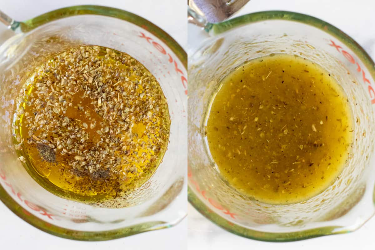 two pyreks with dressings, one with oil and spices and one with it all mixed.