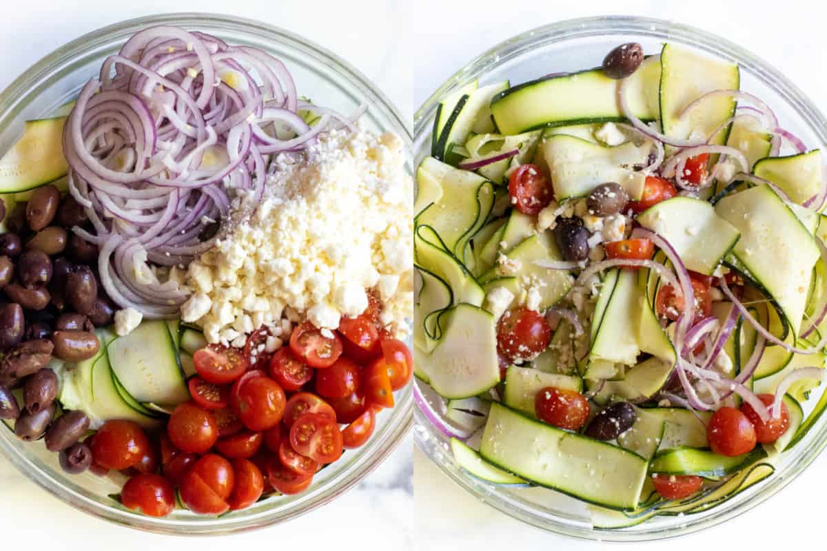 a bowl of zucchini, onions, feta, tomatoes, and olive and then a picture of it all mixed in a bowl.