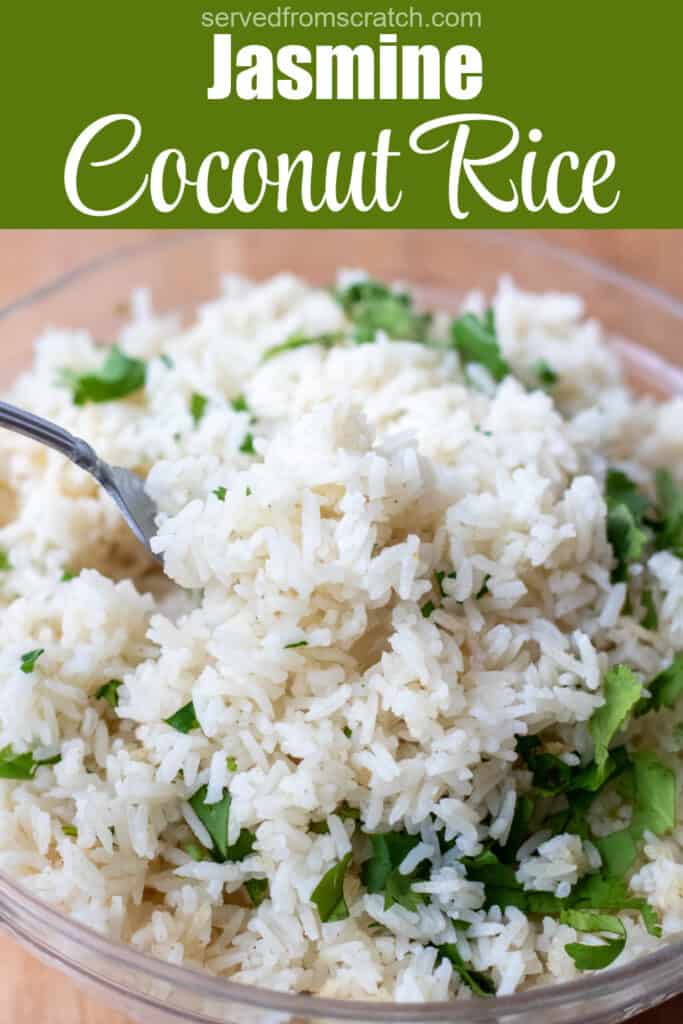 a fork holding up some fluffy white rice with cilantro with Pinterest pin text.