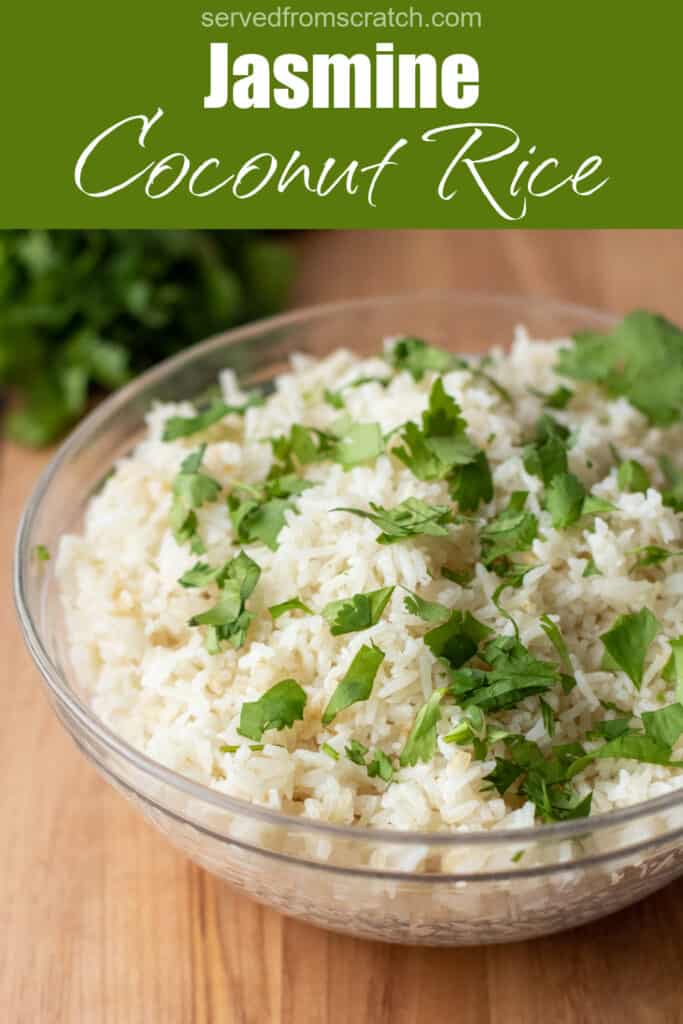 a bowl of rice topped with chopped cilantro with Pinterest pin text.