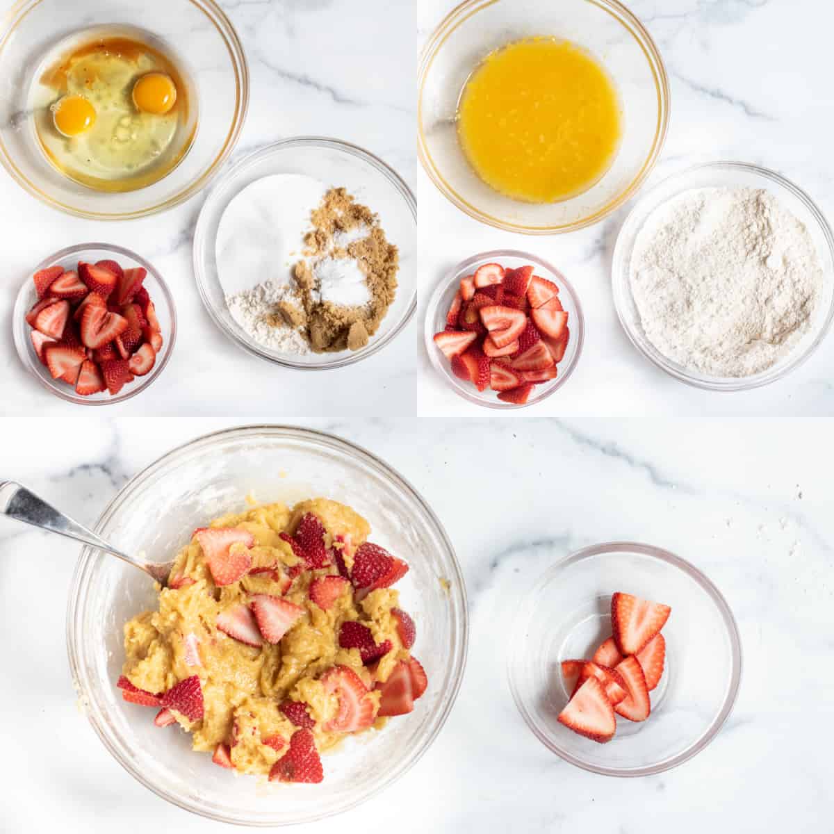three pictures of bowls of eggs, strawberries, flour, and it all mixed together.