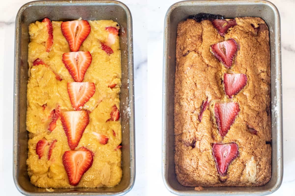 two loaf pans one with unbaked dough and then it baked.