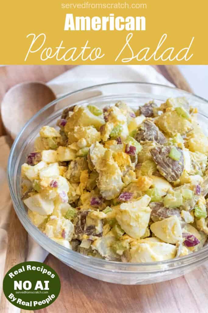 a large bowl of creamy potato salad with eggs with Pinterest pin text with NO AI sticker.