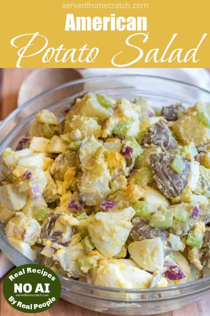 a large bowl of creamy potato salad with eggs with Pinterest pin text with NO AI sticker.