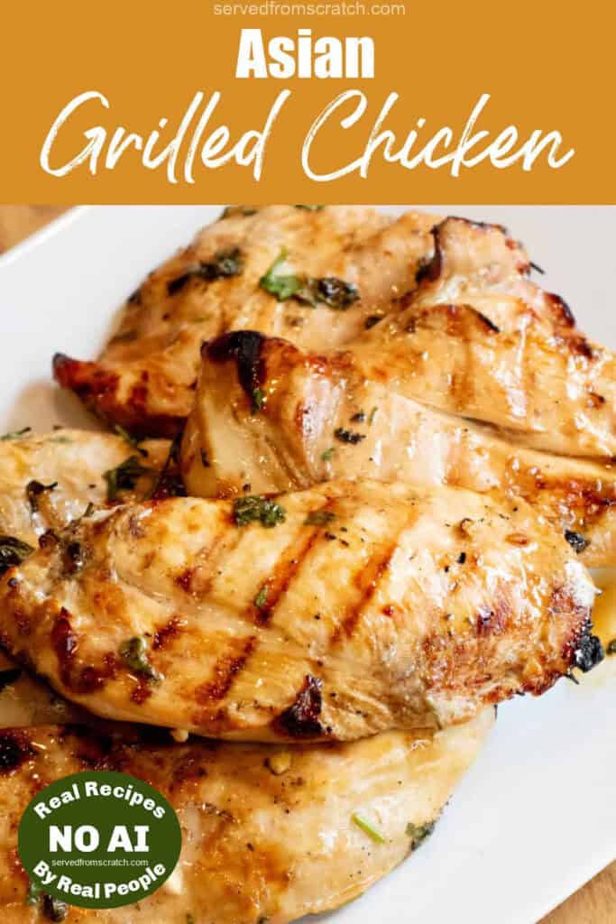 a plate of grilled chicken breasts with Pinterest pin text with NO AI sticker.