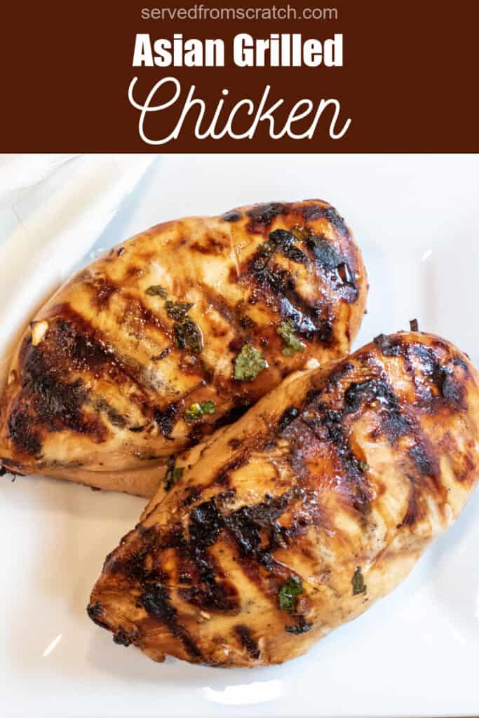 two grilled chicken breasts on a plate with Pinterest pin text.