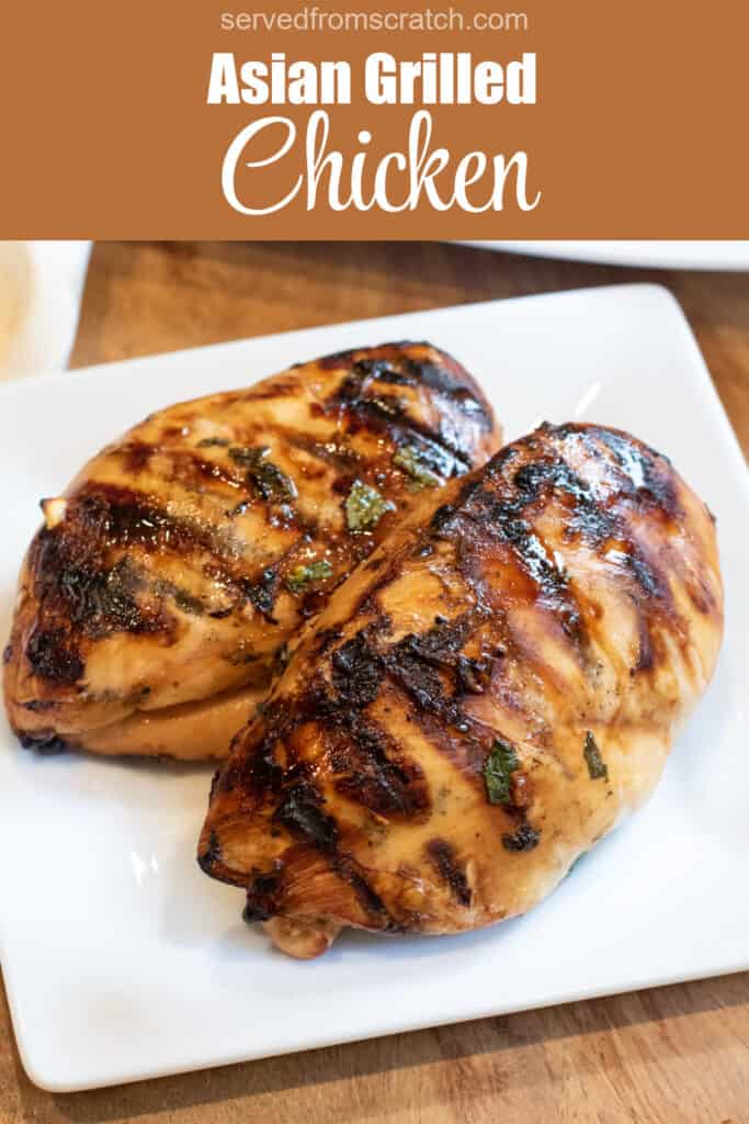 two grilled chicken breasts on a plate with Pinterest pin text.