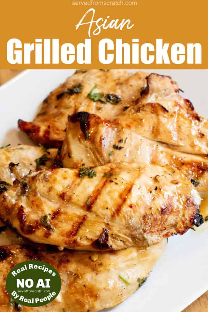 a plate of grilled chicken breasts with Pinterest pin text with NO AI sticker.