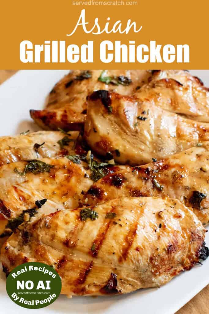 a plate of grilled chicken breasts with Pinterest pin text with NO AI sticker.