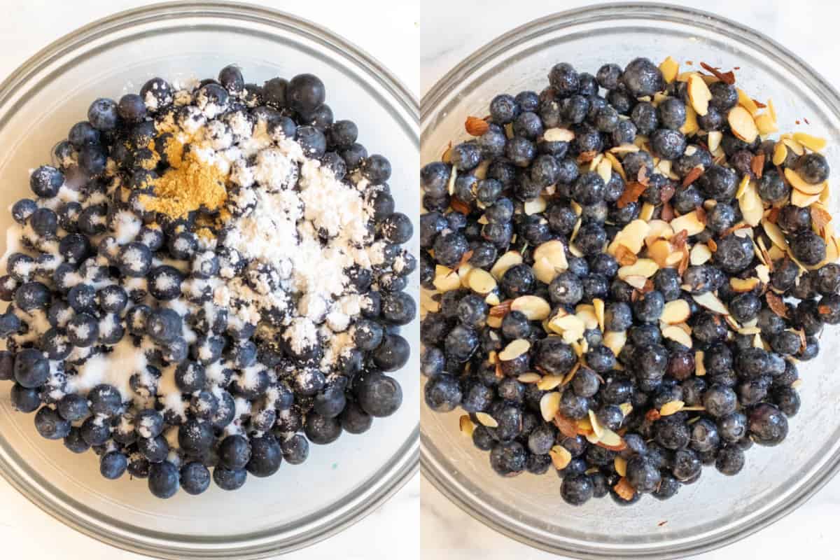 two pictures, one with a bowl of blueberries with spices and cornstarch, and one with it all mixed with sliced almonds.