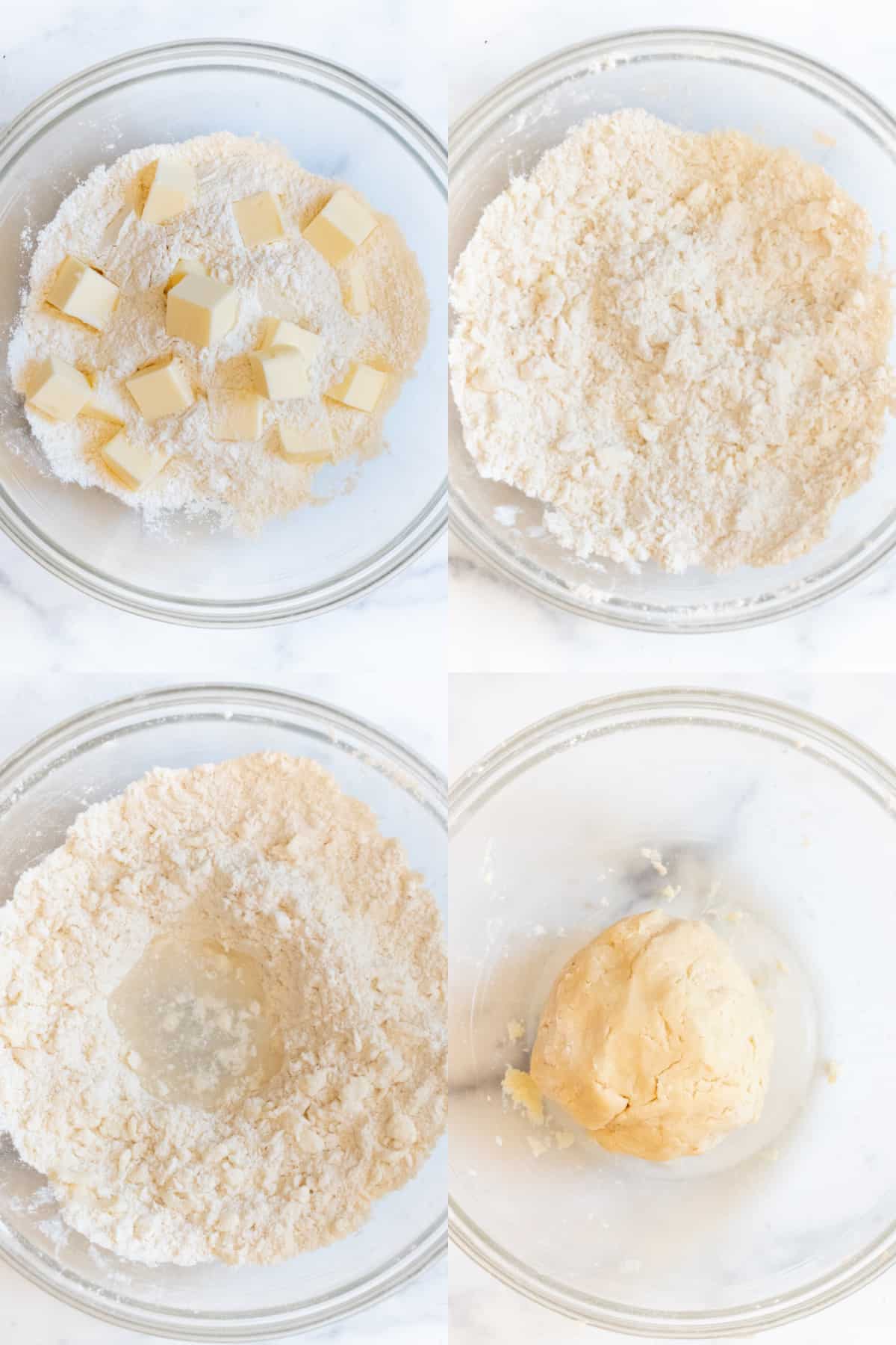 four pictures, butter in flour, cut in, with a well and water in, and then all into a dough ball.