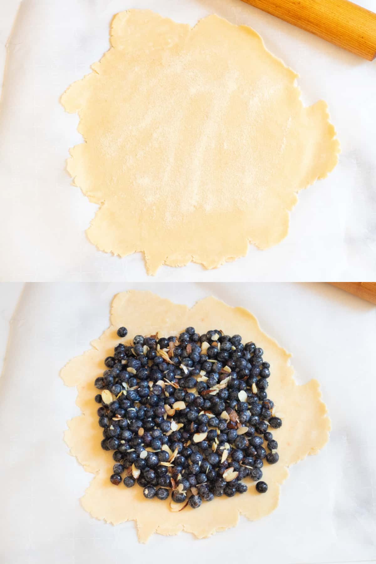 two pictures, one of a rolled out dough with semolina and then with blueberries.