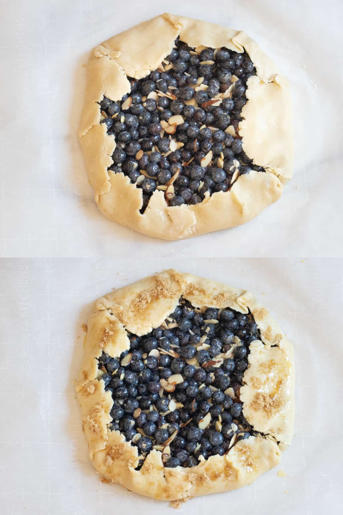 two pictures, one of an unbaked galette and one with sugar and egg wash on the crust.