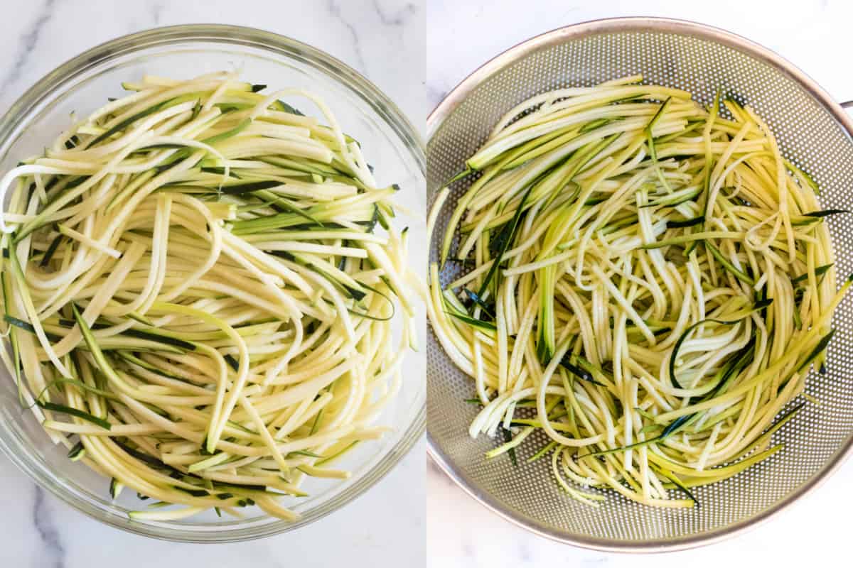 two pictures one of a bowl of zucchini noodles and another of noodles in a colander.