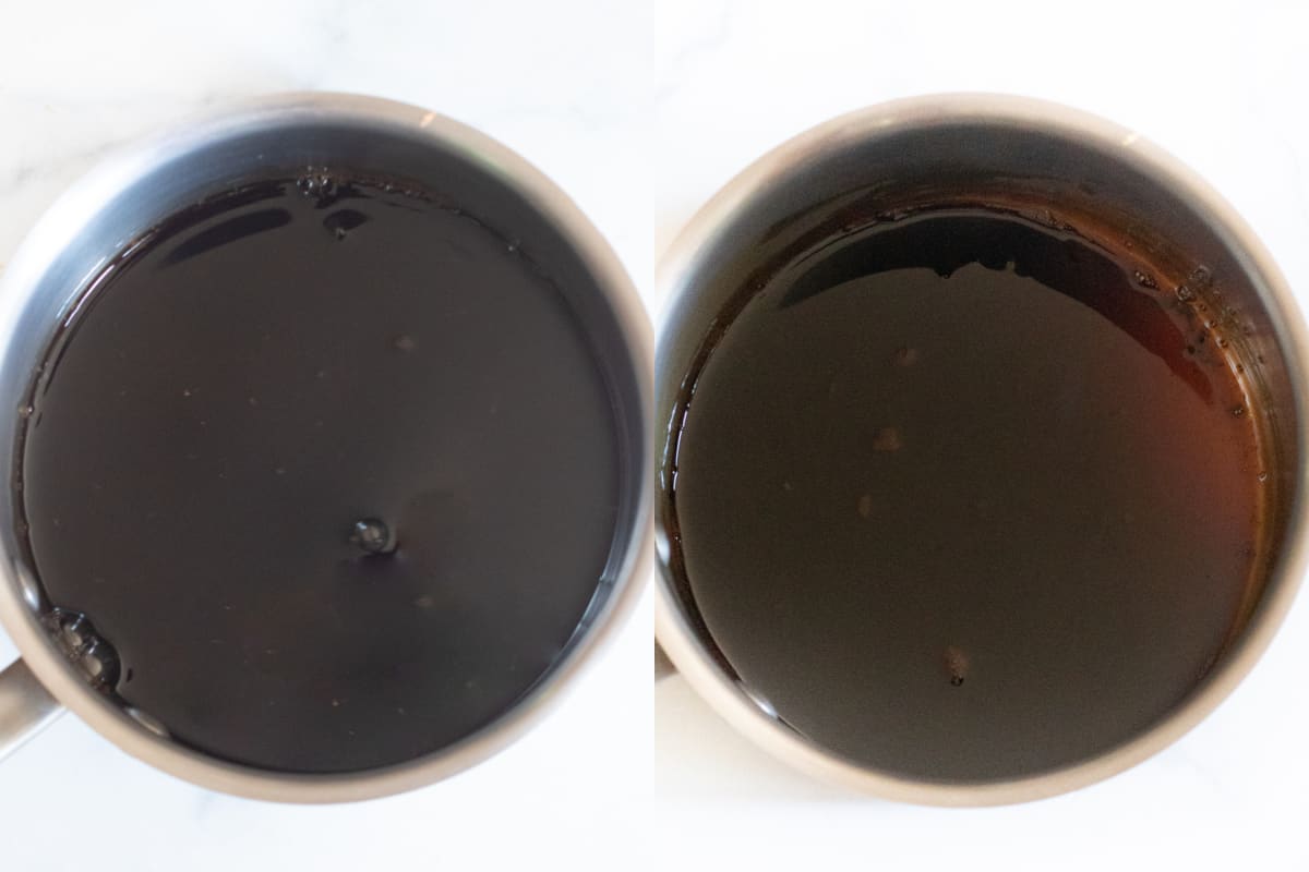 two pictures one of a pot with balsamic one with it reduced. 