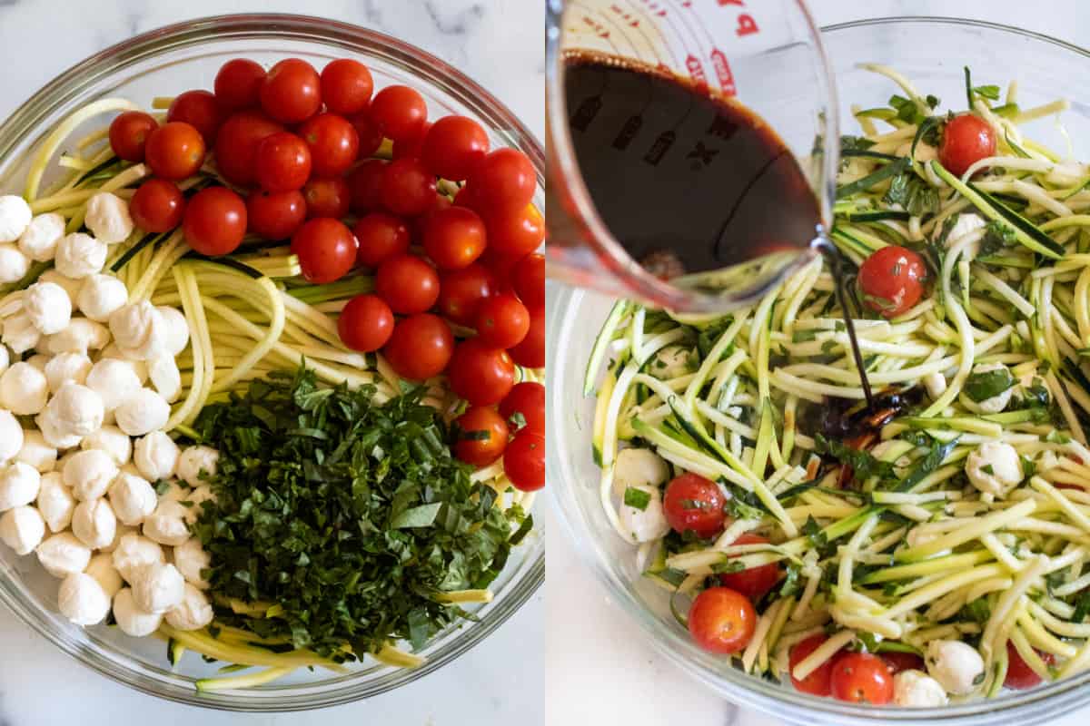 two bowls one with tomatoes, basil, and mozzarella, and picture of it all being poured in. 